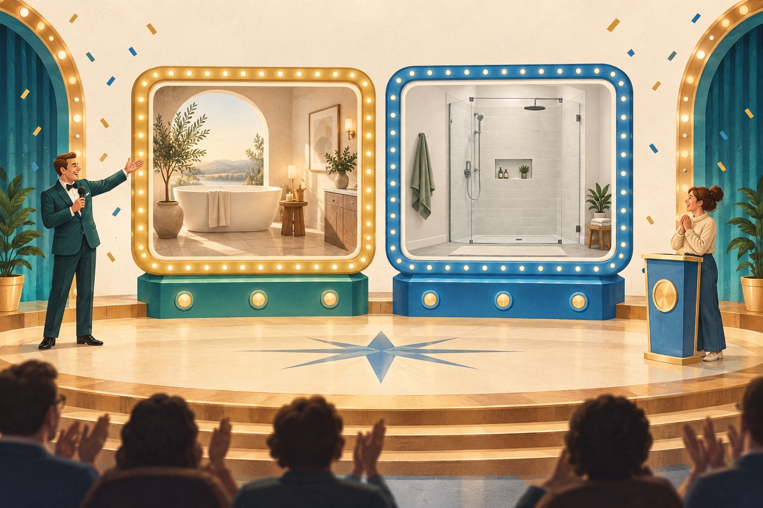 Illustrated game-show stage comparing a luxury bathroom image with a simple walk-in shower
