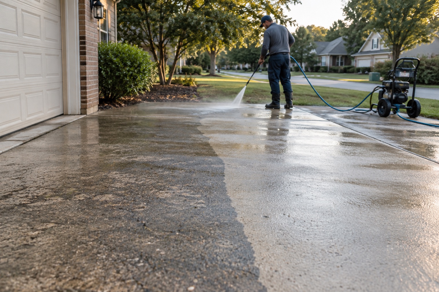 A pressure-washing professional revealing a clean section of a residential driveway