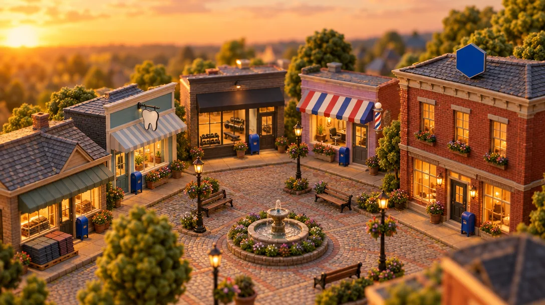 A miniature town square at sunset: an agency office with a blue hexagon sign, and a roofer, dentist, gym, and salon around it, each with a blue mailbox.