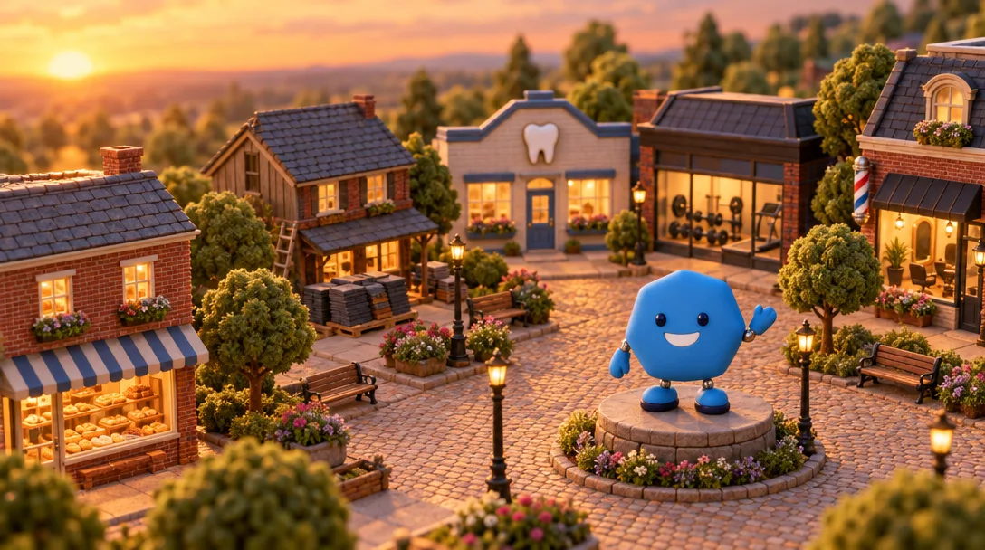 Uppie, a friendly blue hexagon with a smile, waves from a little stage in a miniature town square at sunset.