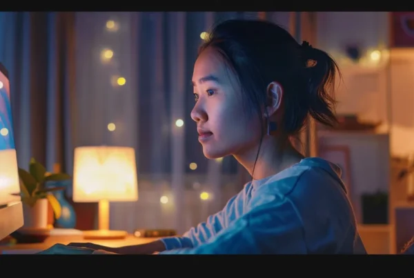 a woman sitting at a computer, creating engaging copy for facebook ads.
