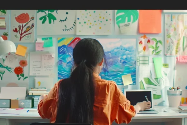 a young woman sitting at a desk surrounded by colorful illustrations and brainstorming ideas for a facebook advertisement.