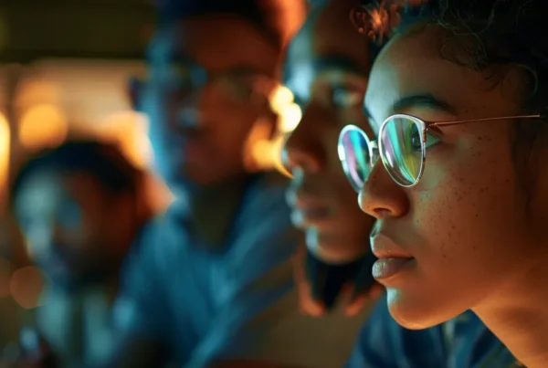 a group of diverse people studying demographic data on a computer screen.