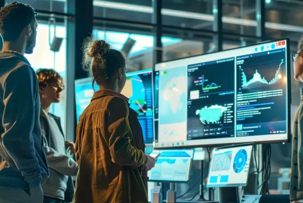 people gathering around a computer screen displaying various facebook advertising cost data charts.