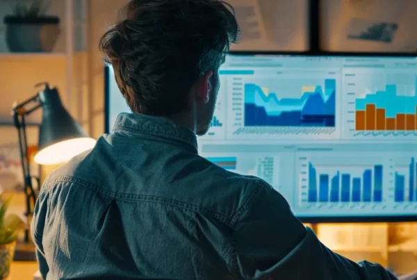 a person analyzing charts and graphs on a computer screen while working on facebook ads campaign budget tracking.