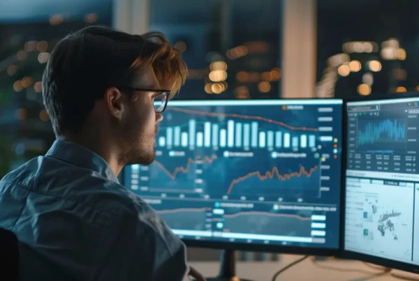a person analyzing data and graphs on a computer screen in an office.