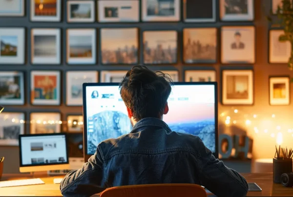 a marketer scrolling through the facebook ad library on their computer screen.