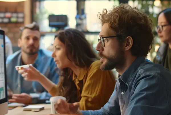a group of people gathered around a computer screen, discussing and analyzing demographic targeting tools on facebook.