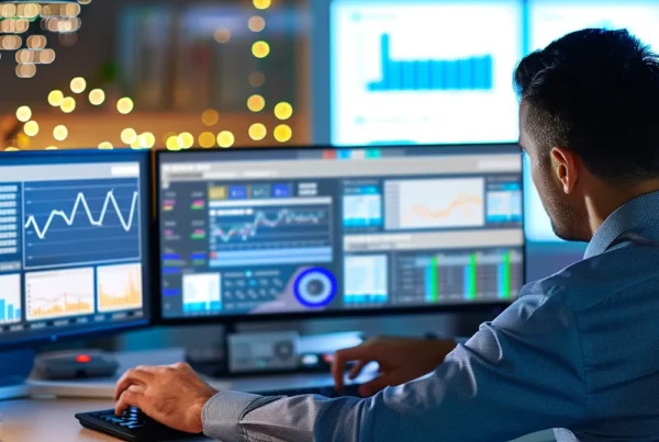 a person analyzing a computer screen with graphs and data related to facebook advertising performance.